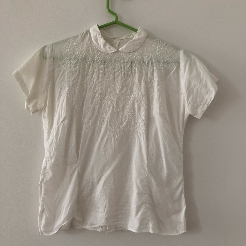 Vintage embroidered short sleeve white blouse top